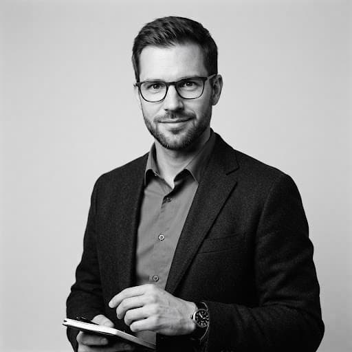 Editorial black and white portrait of a German male mobile systems engineer with glasses, looking directly into camera with confident analytical demeanor, studio lighting on pure light gray background.