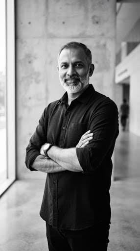 Editorial portrait of an Indian male senior database architect in a black collared shirt, poised against modern gallery concrete, strong key light, monochrome editorial style.