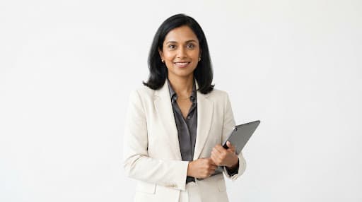 Minimalist editorial studio portrait of Soraya Patel, South Asian woman with confident demeanor, product marketing director, stark white background, crisp modern fashion
