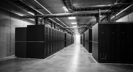 Monochrome architectural data server room with subtle cyan laser line illumination and Brutalist server stacks.
