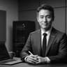 Monochrome studio portrait of an AI research director with sharp lighting and confident posture.