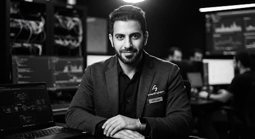 Monochrome studio portrait of a Middle Eastern male cloud infrastructure and SRE lead engineer with a clean beard, direct confident gaze, styled in crisp dark workwear, sharp rim lighting.
