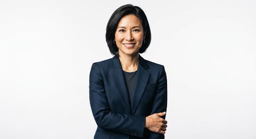 Polished high-contrast editorial portrait of Maya Lin, Asian female growth marketing director, sleek blazer, direct softbox lighting, clean white backdrop
